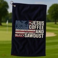 Jesus Coffee Sawdust Christian Carpenter Woodworking USA Golf Towel thumb 1