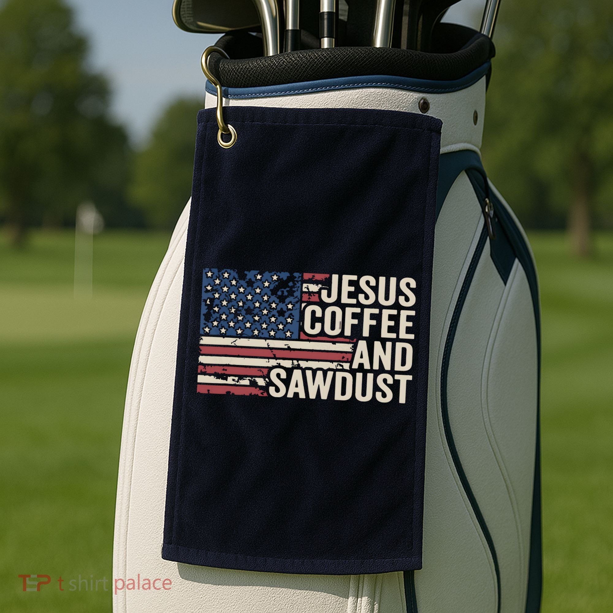 Jesus Coffee Sawdust Christian Carpenter Woodworking USA Golf Towel