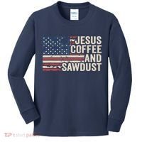 Jesus Coffee Sawdust Christian Carpenter Woodworking USA Kids Long Sleeve Shirt thumb 0