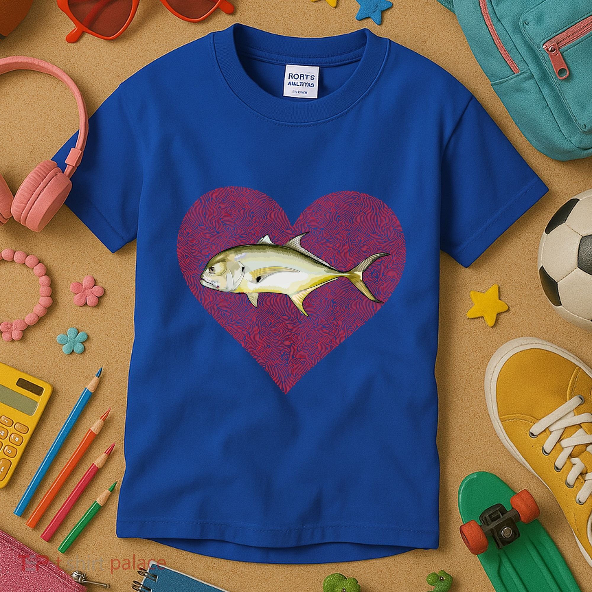 Jack Crevalle Valentines Day Fish Love Fingerprint Gift Kids T-Shirt
