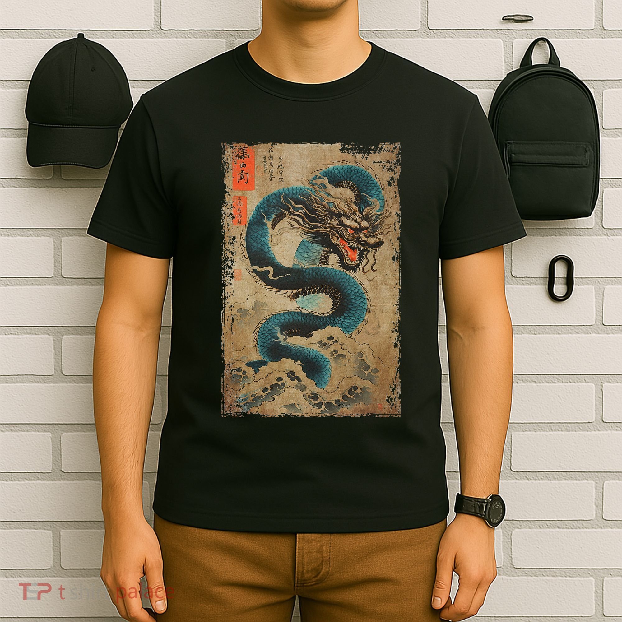 Japanese Dragon And The Great Wave Off Kanagawa Woodblock T-Shirt