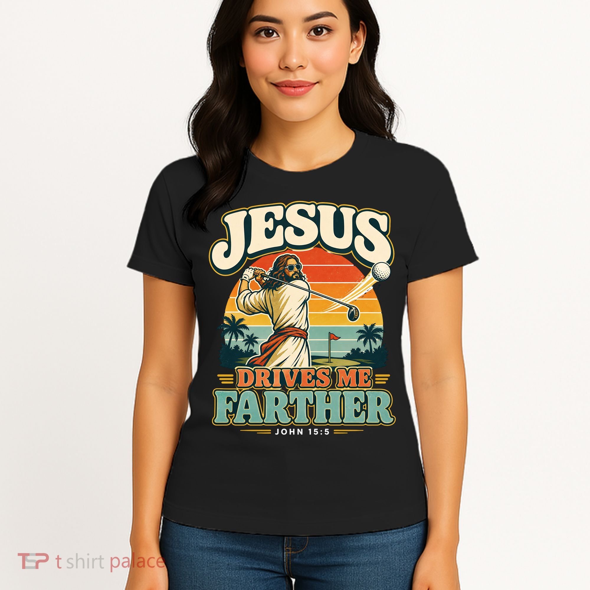 Jesus Drives Me Farther Golf Christian Golfer Women's T-Shirt