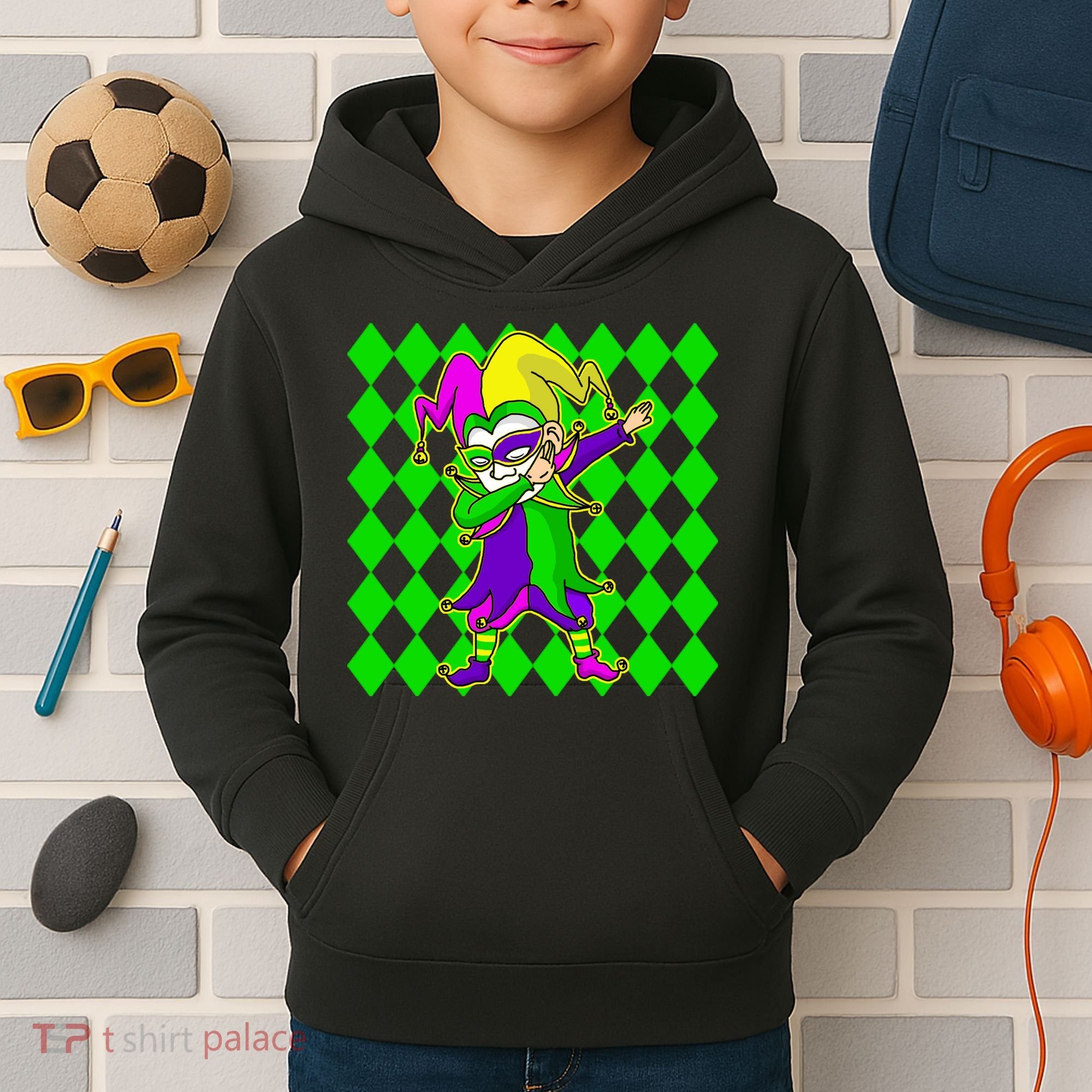 Jester Dabbing Mardi Gras Kids Hoodie