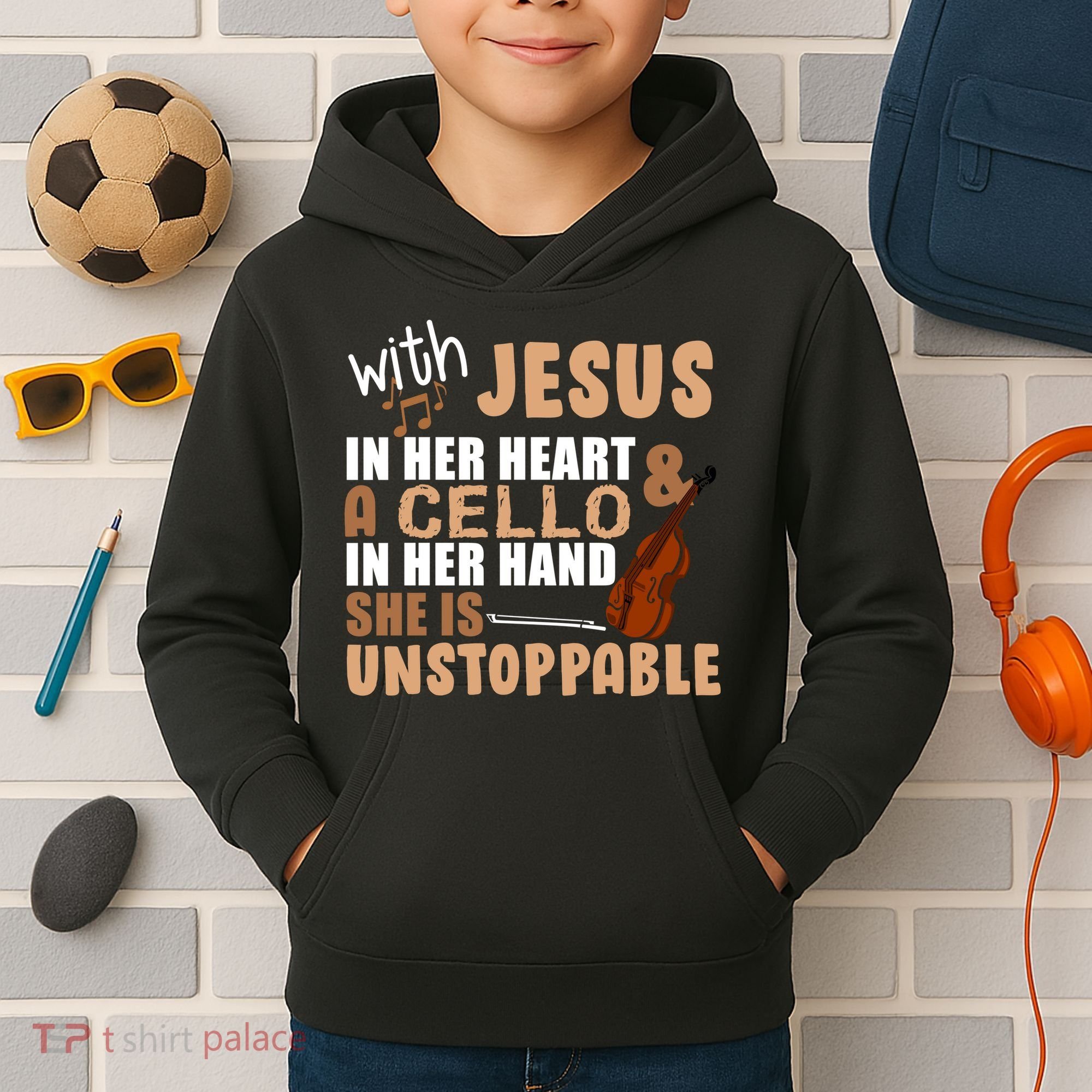 Jesus In Her Heart Cello In Her Hand Kids Hoodie