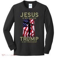 Jesus Is My Savior Trump Is My President American Cross Kids Long Sleeve Shirt thumb 0