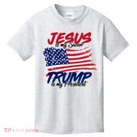 Jesus Is My Savior Trump Is My President USA Flag Kids T-Shirt thumb 0