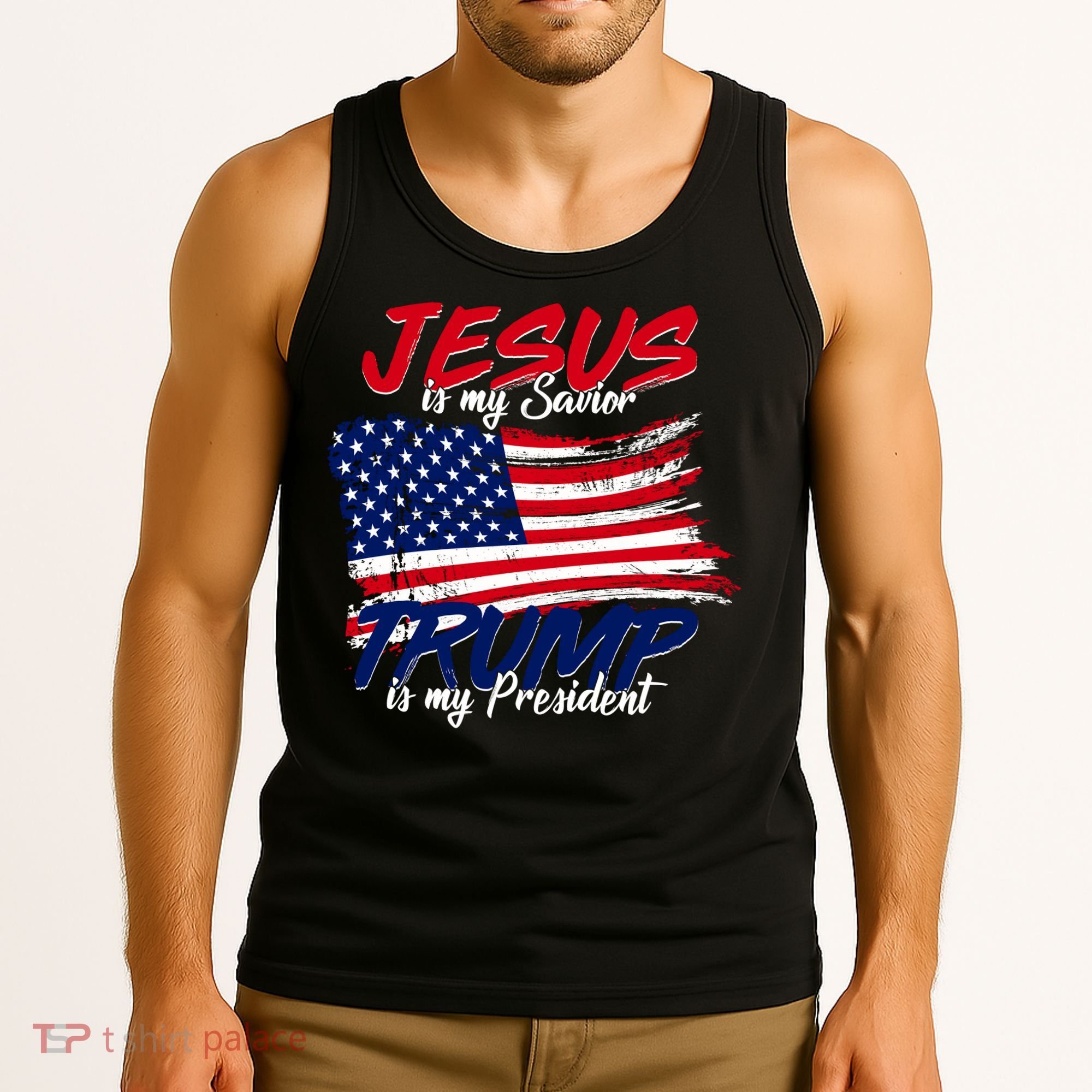 Jesus Is My Savior Trump Is My President USA Flag Tank Top