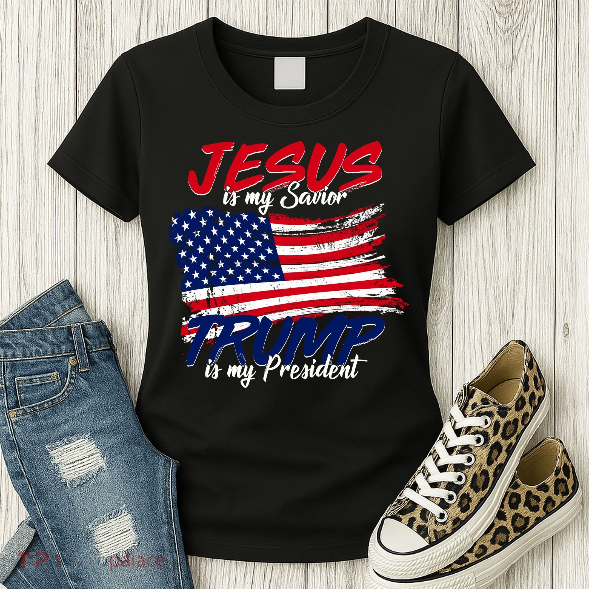 Jesus Is My Savior Trump Is My President USA Flag Women's T-Shirt