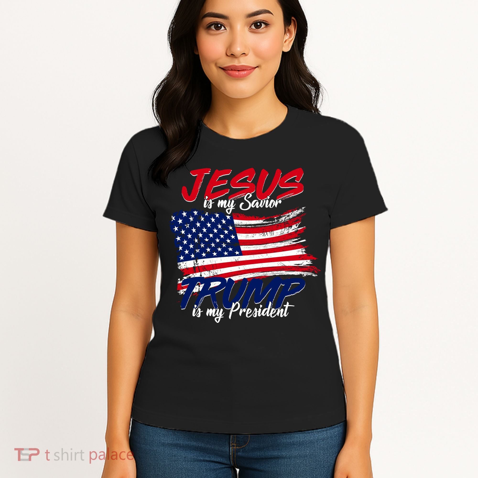 Jesus Is My Savior Trump Is My President USA Flag Women's T-Shirt