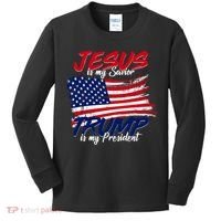 Jesus Is My Savior Trump Is My President USA Flag Kids Long Sleeve Shirt thumb 0