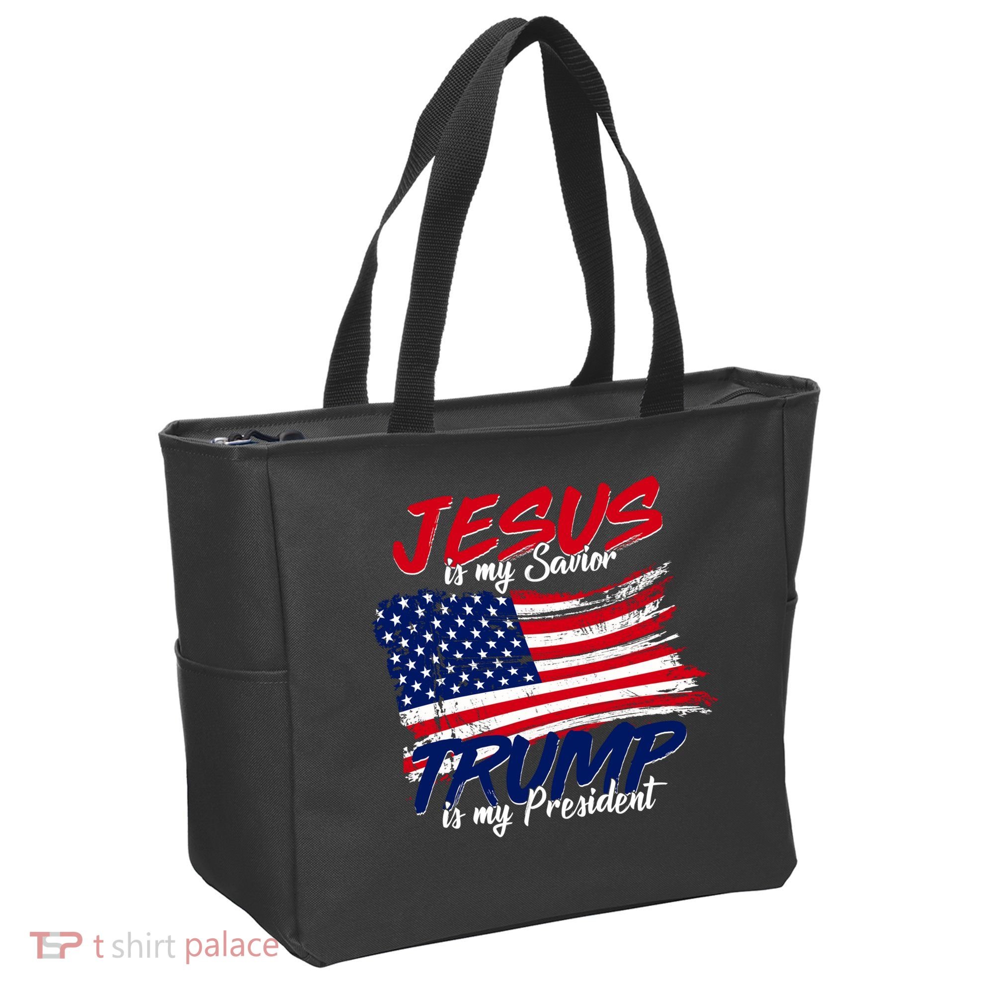 Jesus Is My Savior Trump Is My President USA Flag Tote Bag