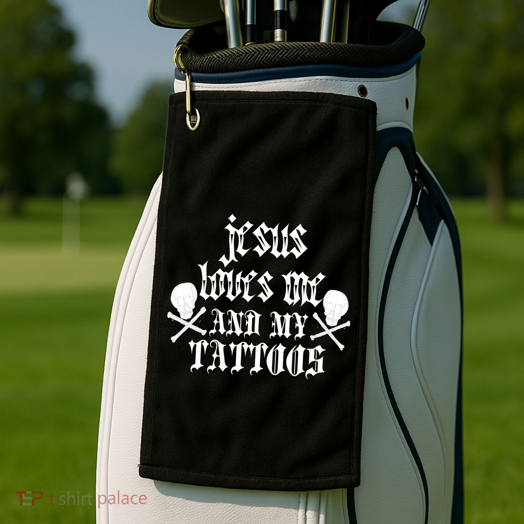 Jesus Loves Me and My Tattoos Golf Towel