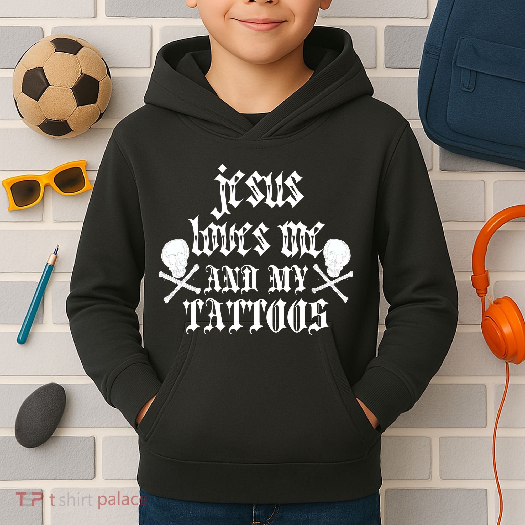 Jesus Loves Me and My Tattoos Kids Hoodie