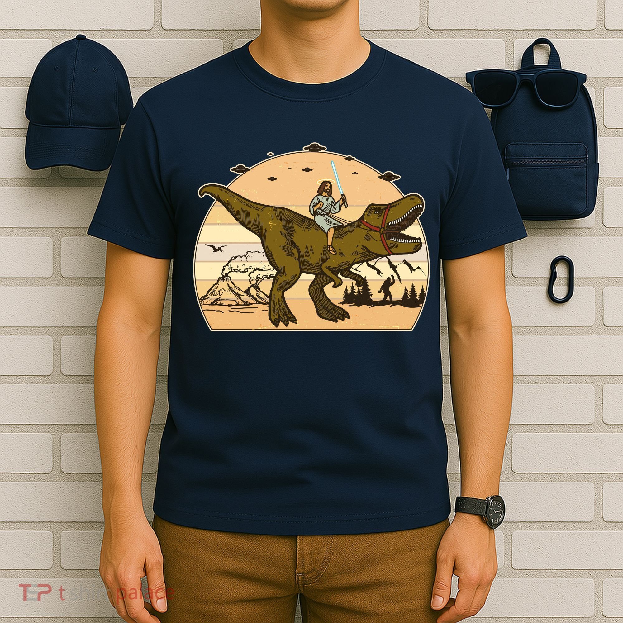 Jesus Riding T-Rex Dinosaur Funny Vintage T-Shirt