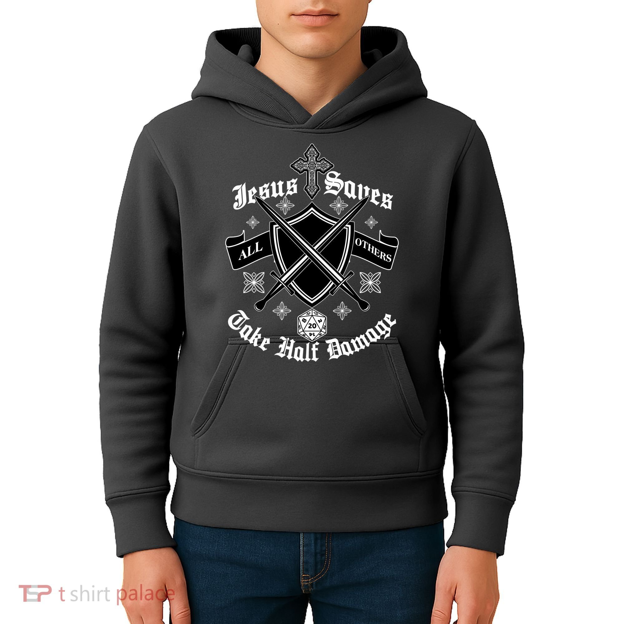 Jesus Saves All Others Take Half Damage DnD Game Kids Hoodie