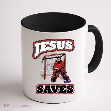 Jesus Saves Hockey Goalie Coffee Mug back