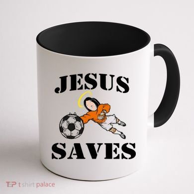 Jesus Saves Soccer Goalie Coffee Mug back