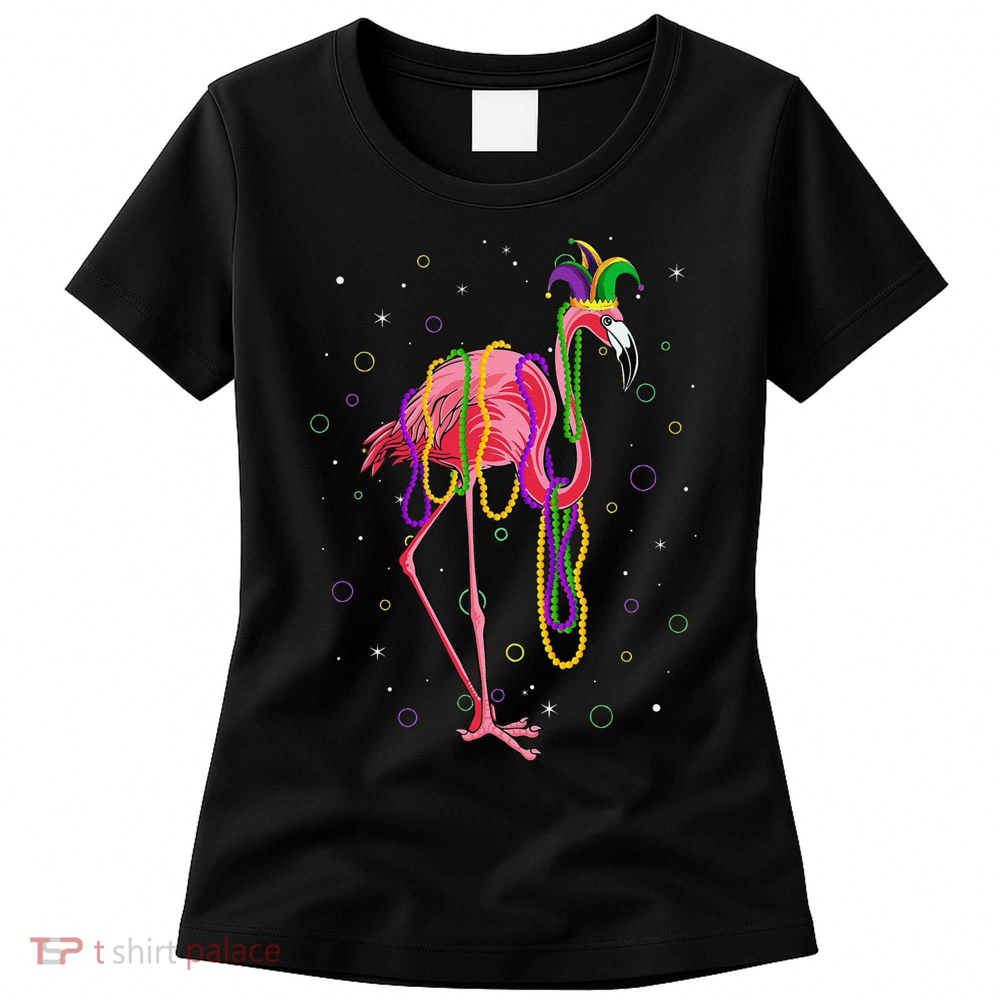 Jester Flamingo & Beads Mardi Gras Fat Tuesday Parade Women's T-Shirt