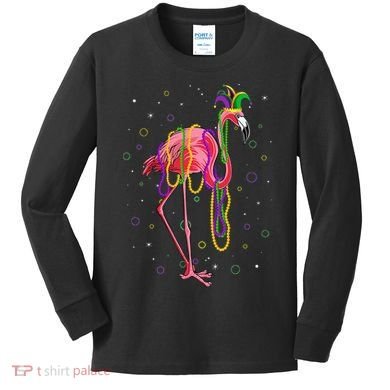 Jester Flamingo & Beads Mardi Gras Fat Tuesday Parade Kids Long Sleeve Shirt