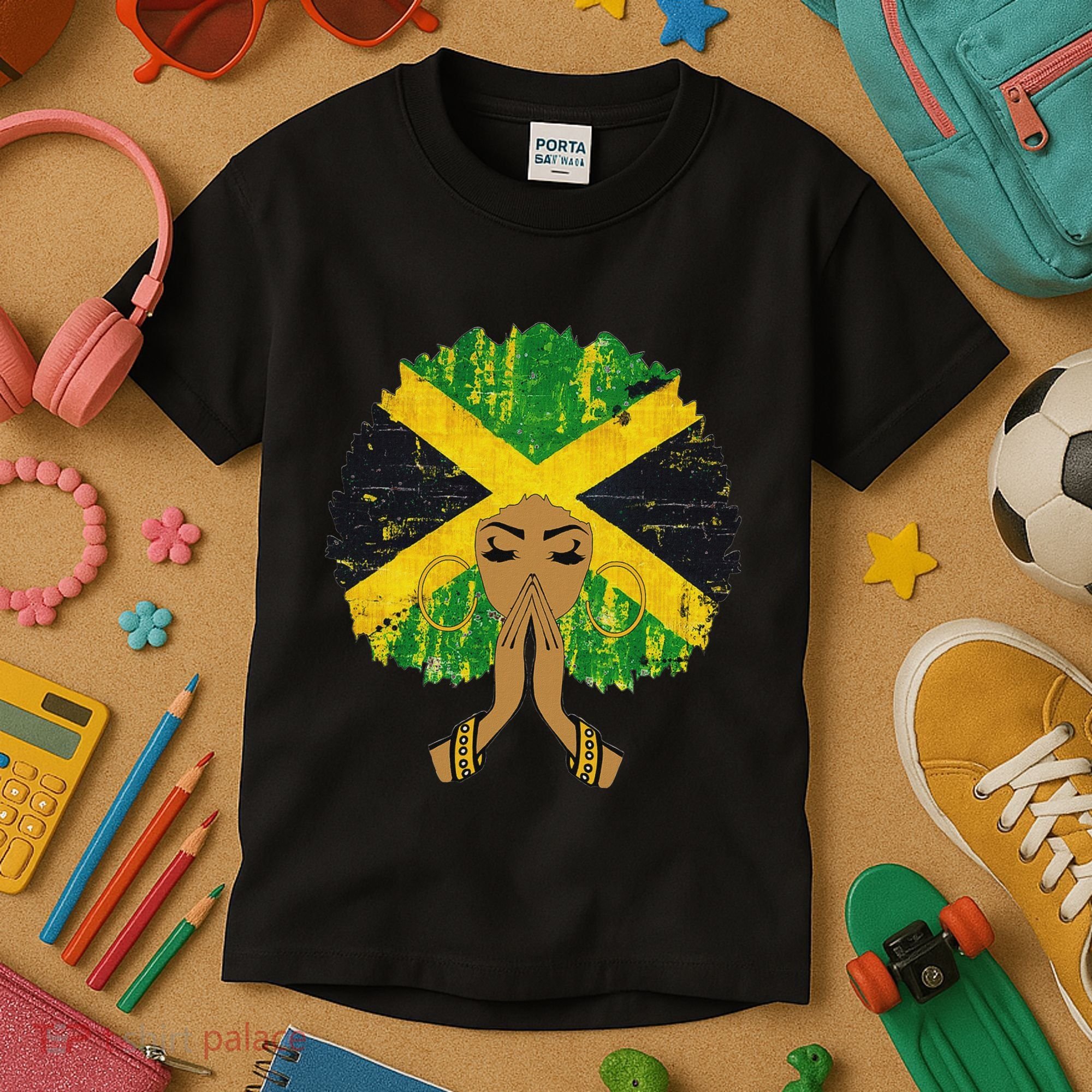 Jamaican Flag Black Woman Melanin Queen Afro Gift Kids T-Shirt