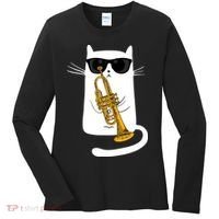 Jazz Funk Soul Cool Cute Cat Playing Trumpet Women's Long Sleeve Shirt thumb 0