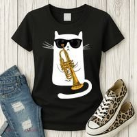 Jazz Funk Soul Cool Cute Cat Playing Trumpet Women's T-Shirt thumb 3