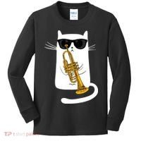 Jazz Funk Soul Cool Cute Cat Playing Trumpet Kids Long Sleeve Shirt thumb 0