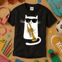 Jazz Funk Soul Cool Cute Cat Playing Trumpet Kids T-Shirt thumb 3