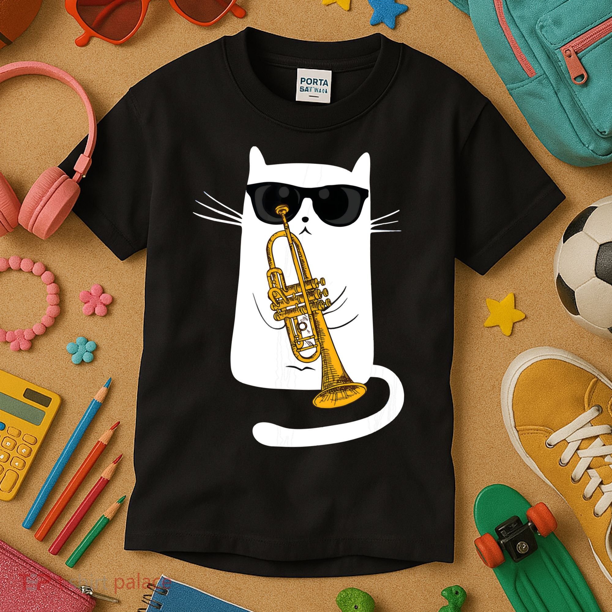 Jazz Funk Soul Cool Cute Cat Playing Trumpet Kids T-Shirt