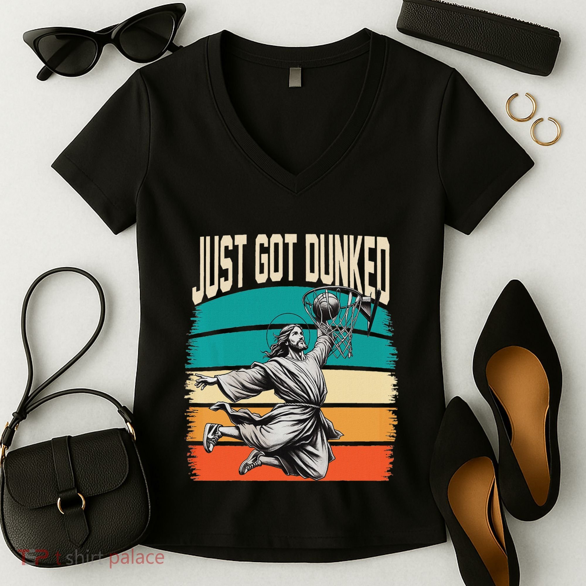Just Got Dunked Jesus Dunking Baptism Playing Basketball Women's V-Neck T-Shirt
