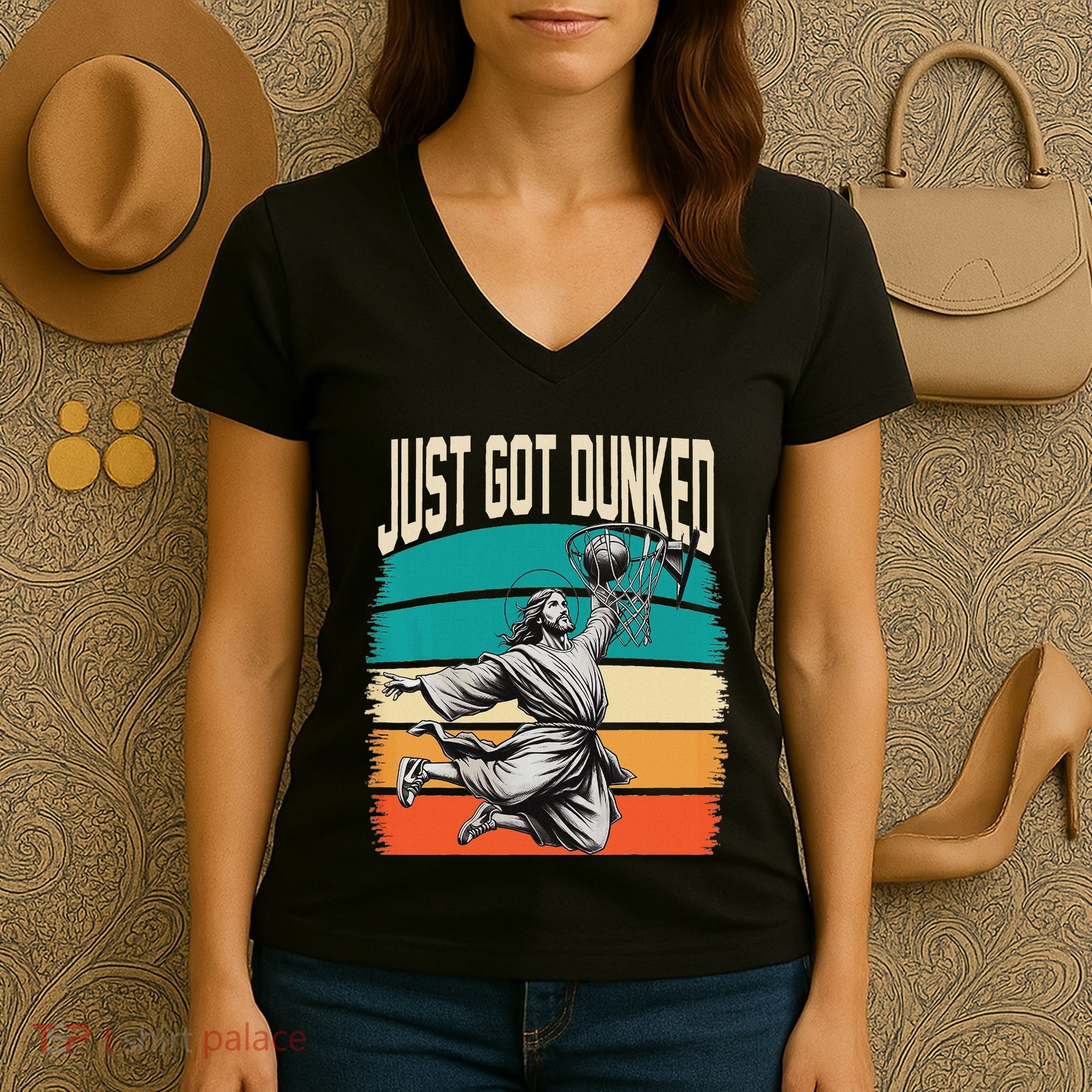 Just Got Dunked Jesus Dunking Baptism Playing Basketball Women's V-Neck T-Shirt