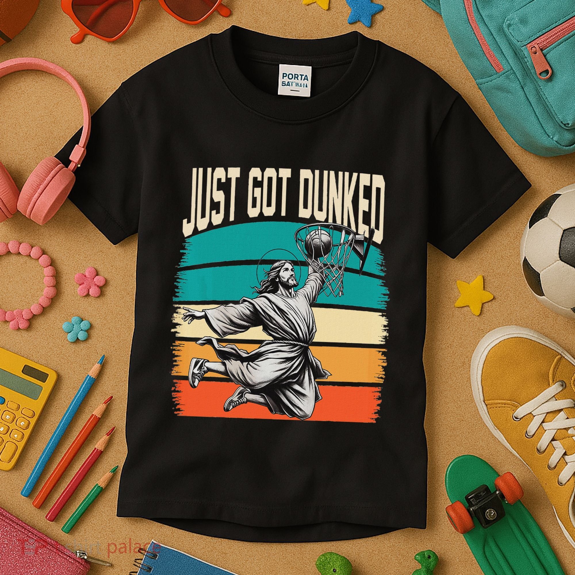 Just Got Dunked Jesus Dunking Baptism Playing Basketball Kids T-Shirt