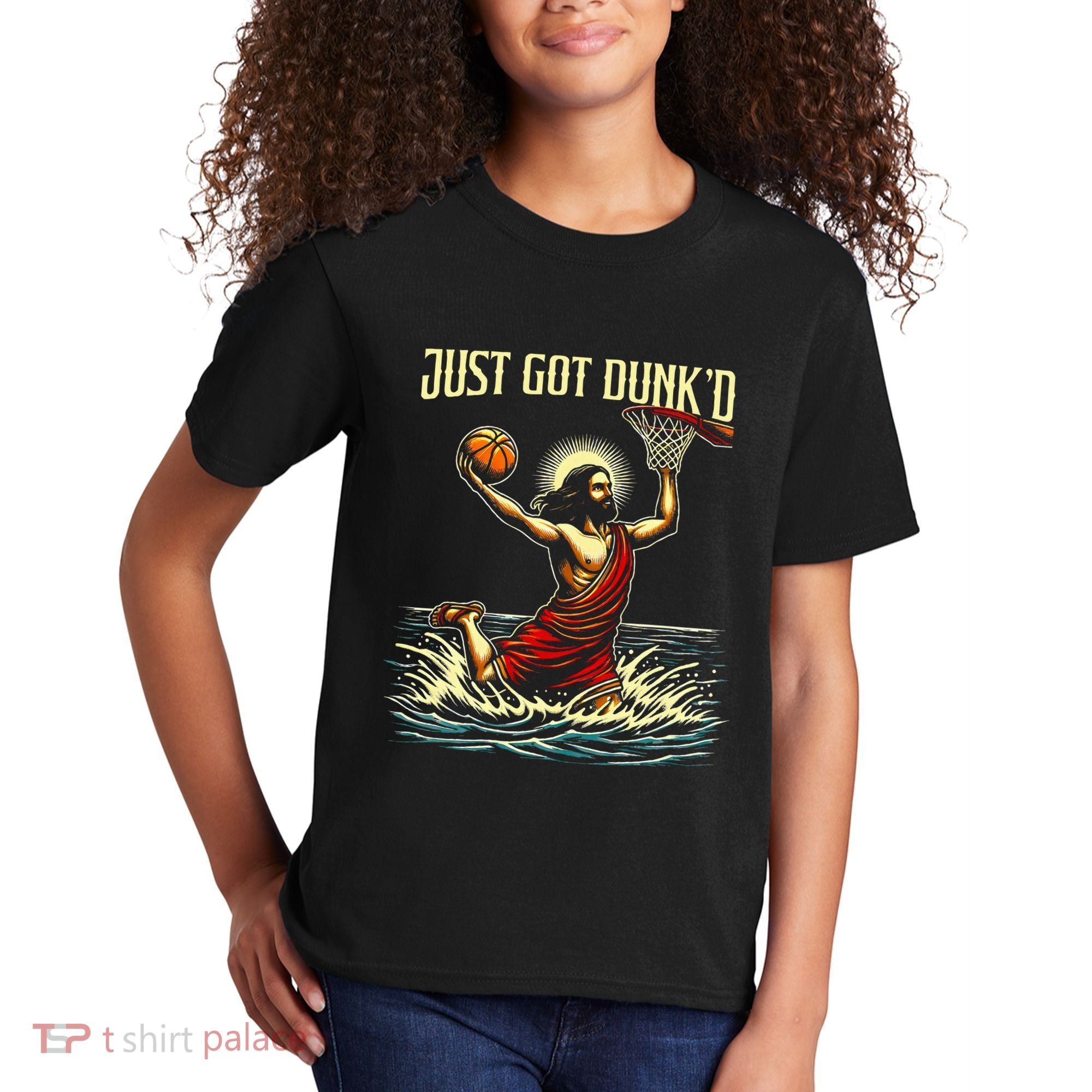Just Got Dunked Jesus Dunking Baptism Playing Basketball Kids T-Shirt