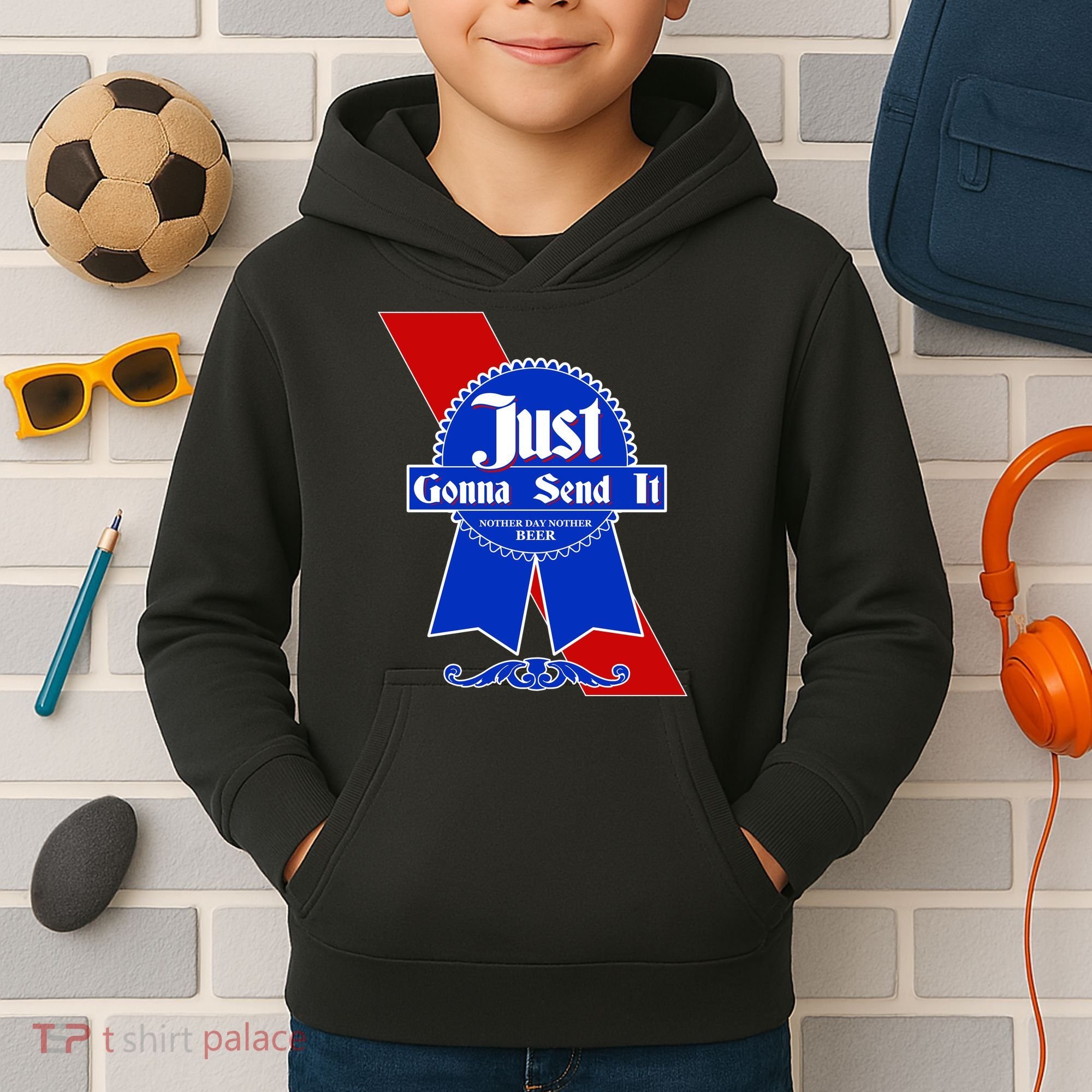 Just Gonna Send It Nother Day Nother Beer Blue Ribbon Kids Hoodie