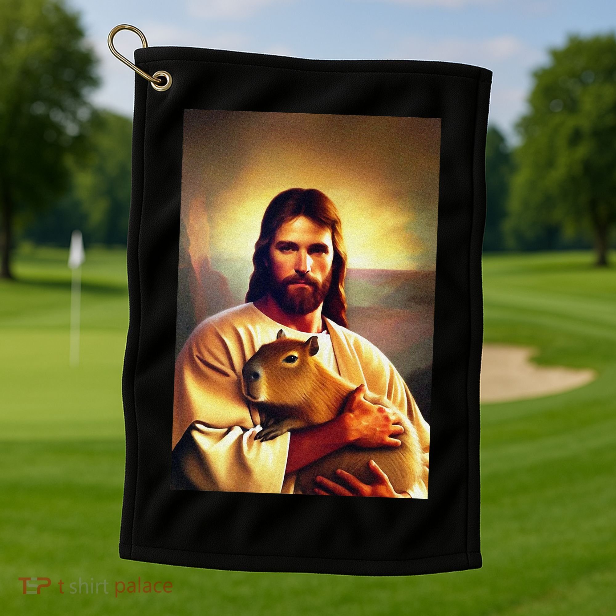 Jesus Holding A Capybara Golf Towel