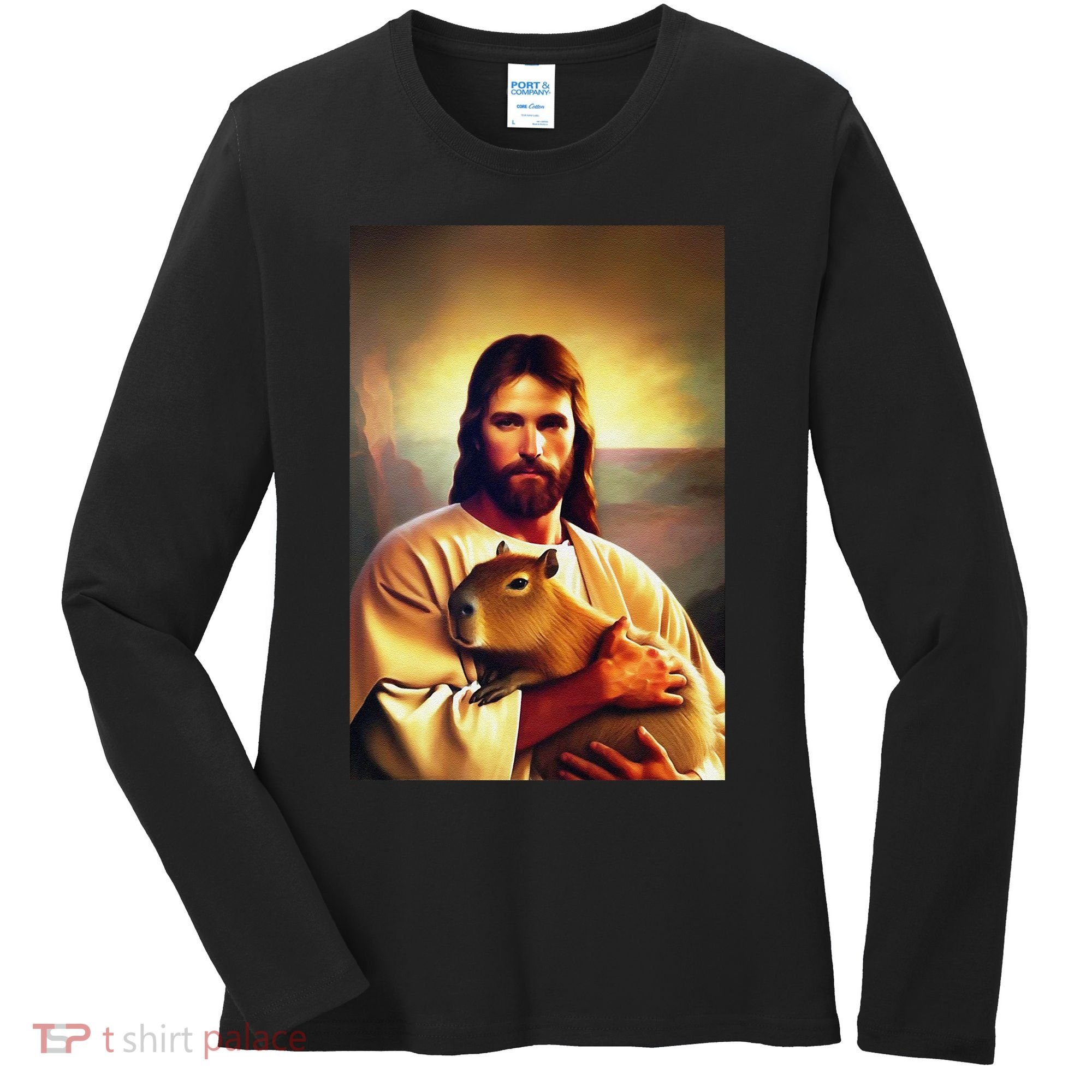 Jesus Holding A Capybara Women's Long Sleeve Shirt