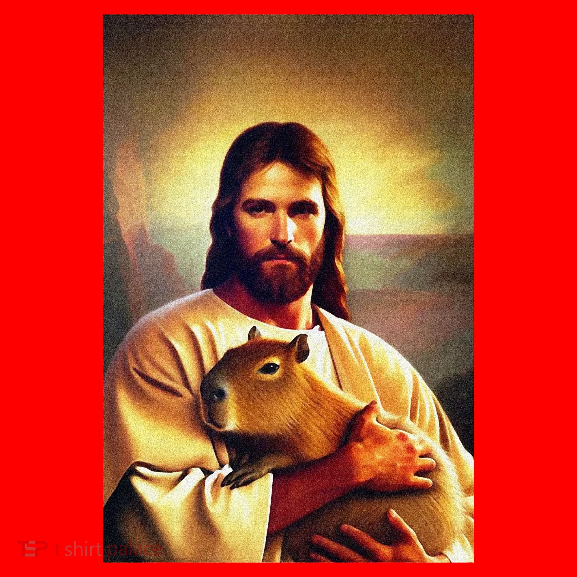 Jesus Holding A Capybara Santa Hat