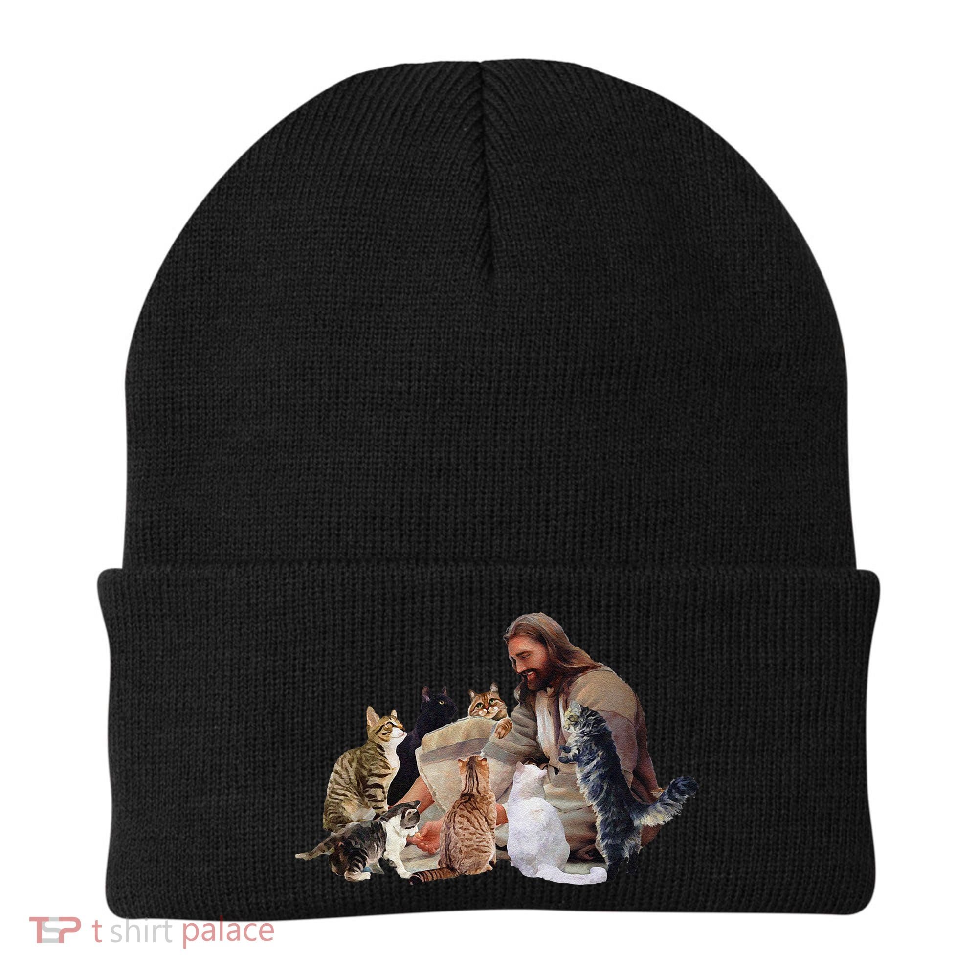 Jesus Hugs Cats Funny Cats Beanie
