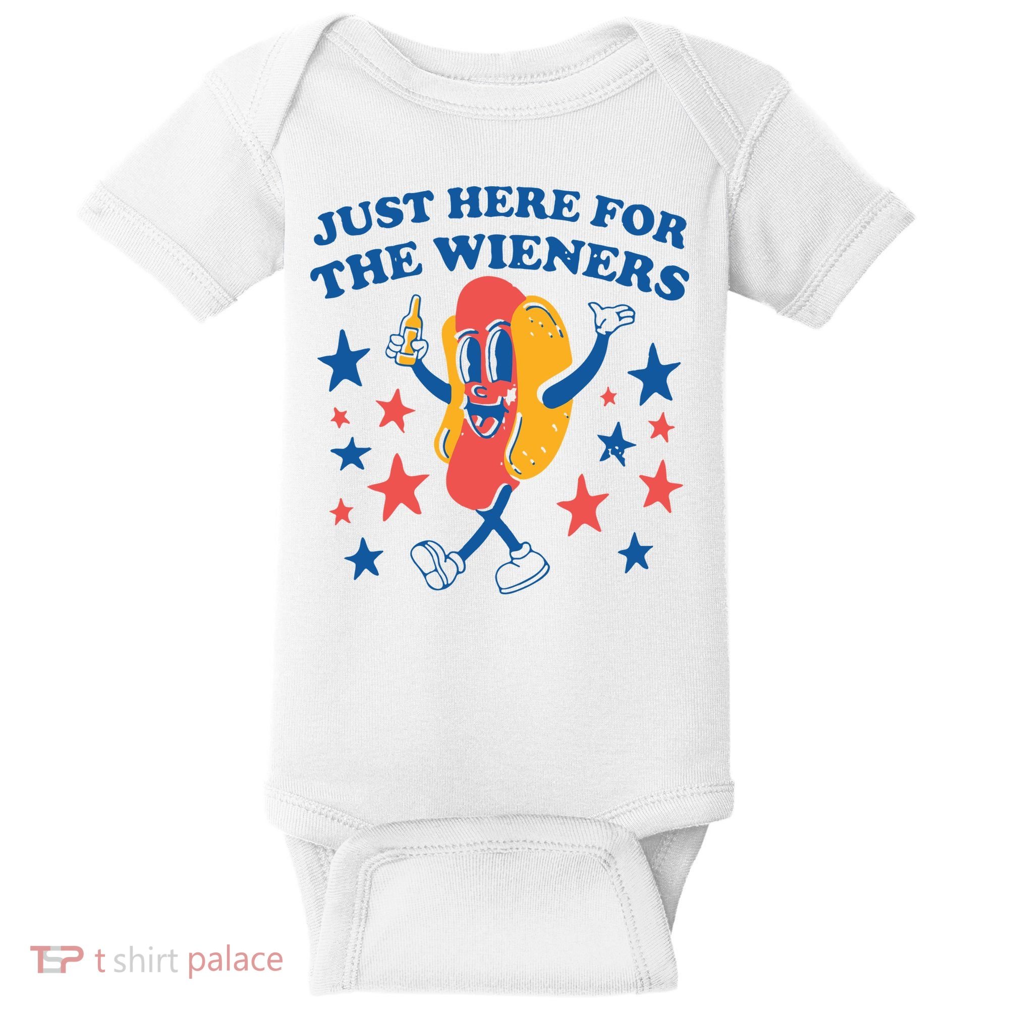 Just Here For The Wieners 4th Of July Funny Hot Dot Baby Bodysuit