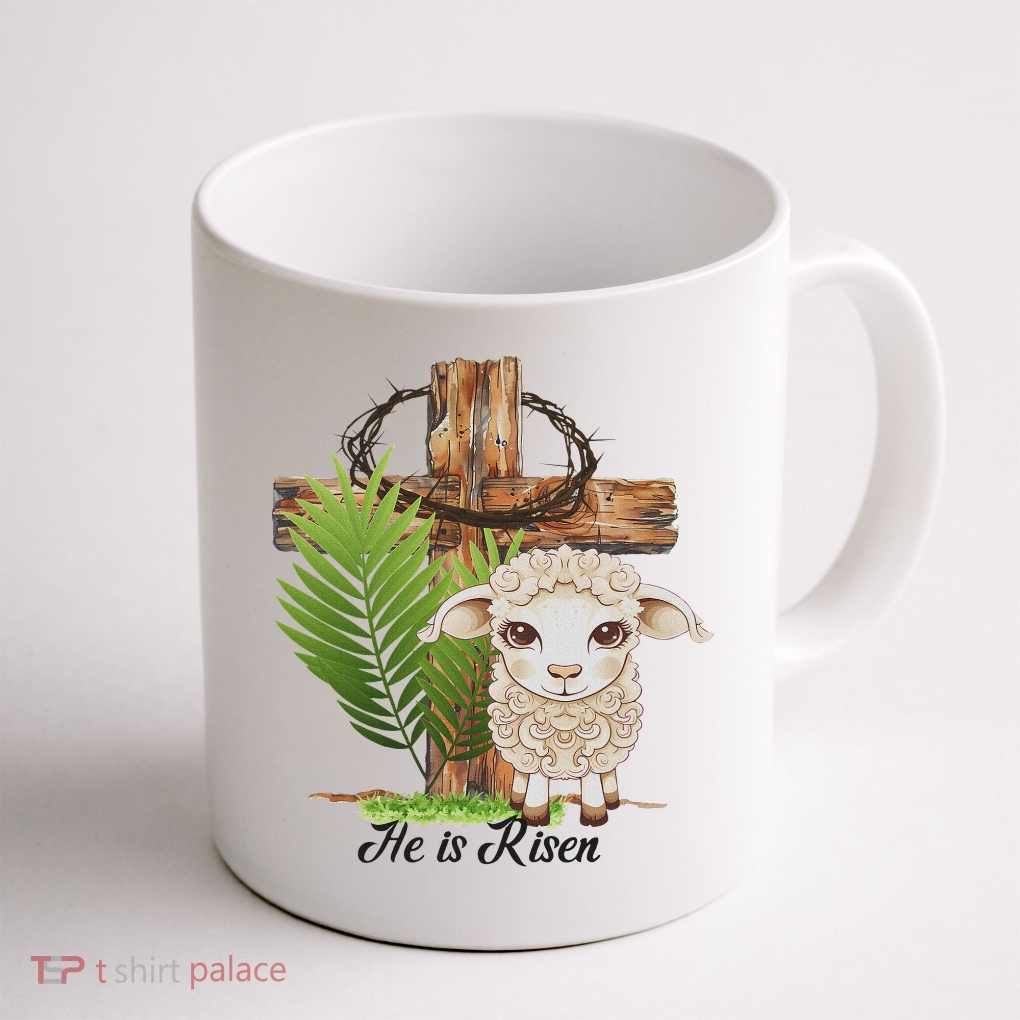 Jesus He Is Risen Lamb Cross Thorn Crown Faith Easter Coffee Mug