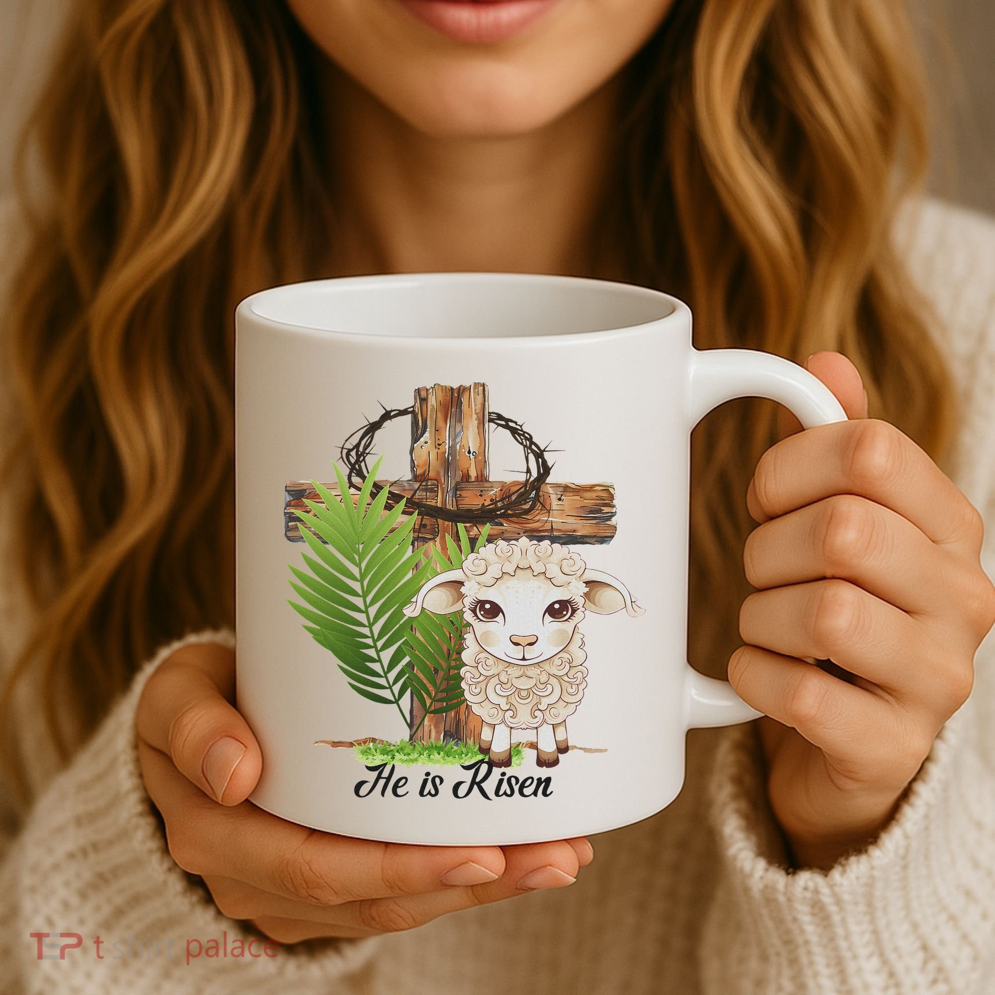 Jesus He Is Risen Lamb Cross Thorn Crown Faith Easter Coffee Mug