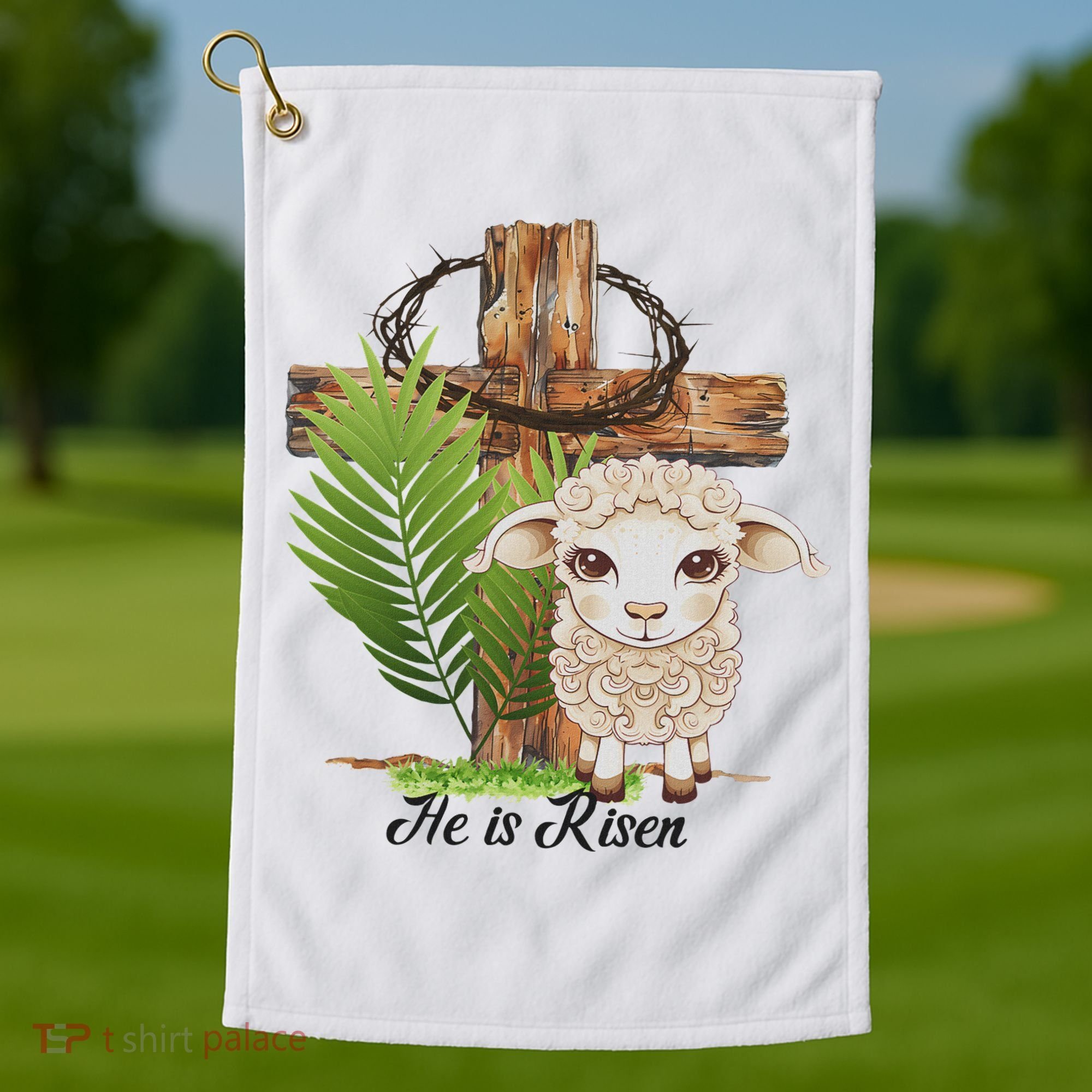 Jesus He Is Risen Lamb Cross Thorn Crown Faith Easter Golf Towel