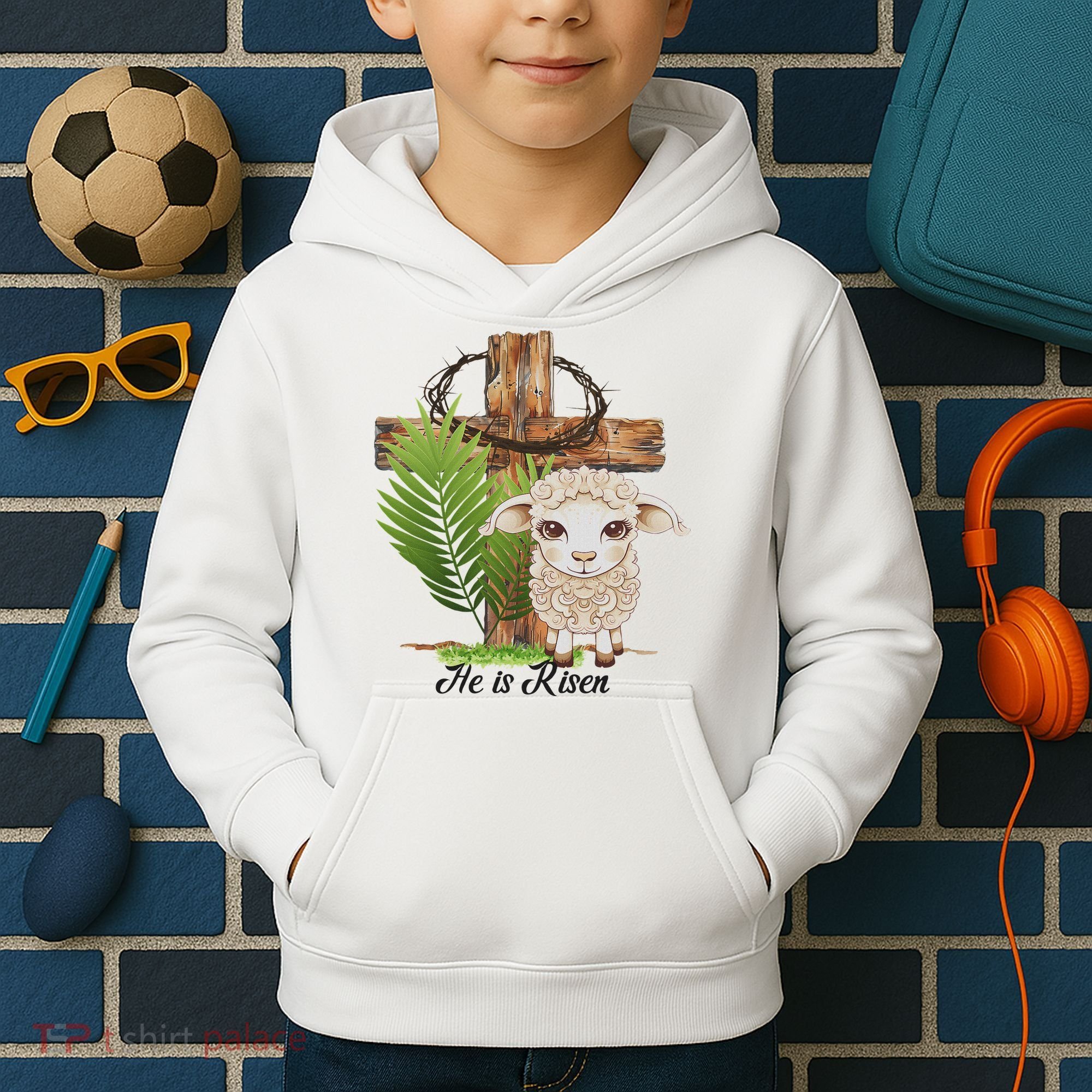 Jesus He Is Risen Lamb Cross Thorn Crown Faith Easter Kids Hoodie