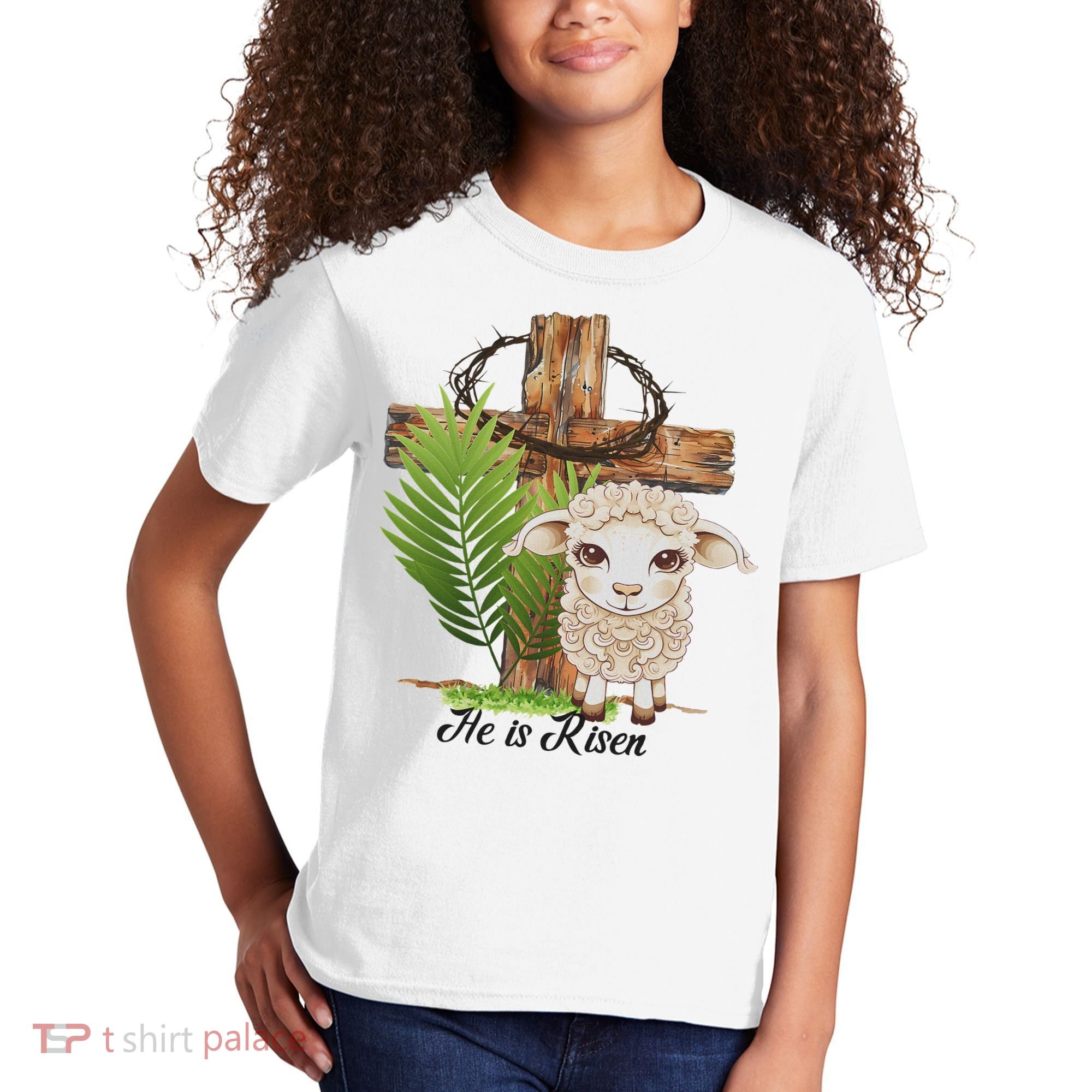 Jesus He Is Risen Lamb Cross Thorn Crown Faith Easter Kids T-Shirt
