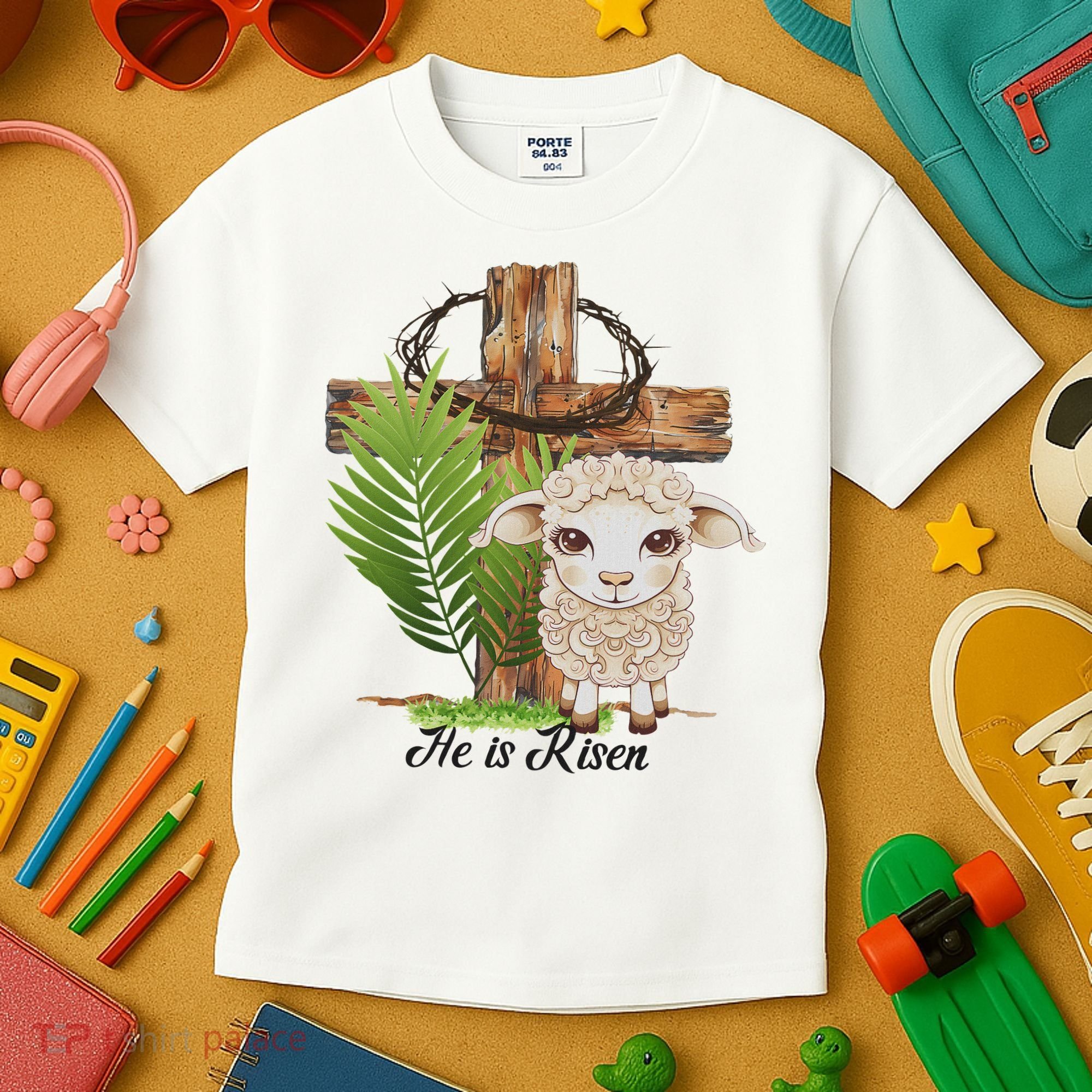 Jesus He Is Risen Lamb Cross Thorn Crown Faith Easter Kids T-Shirt