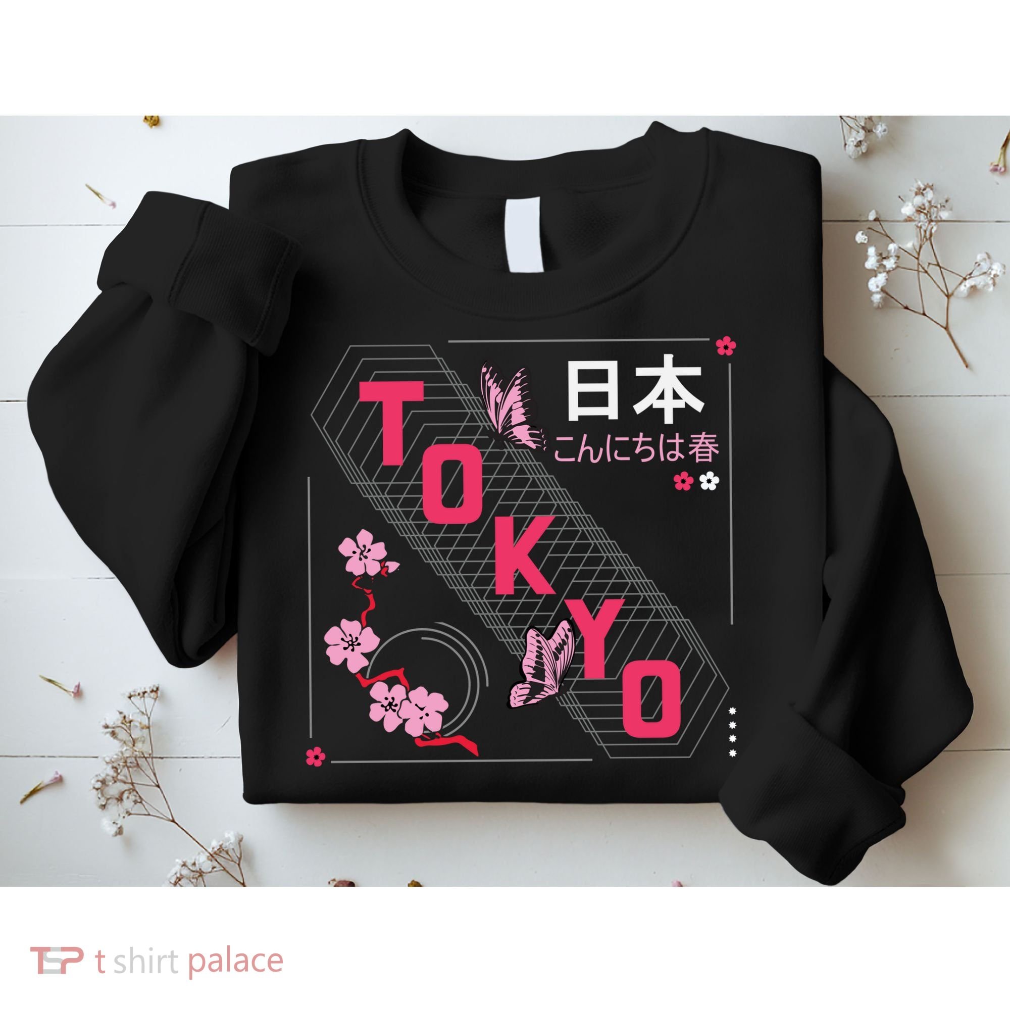 Japan Hello Spring Tokyo Text With Flower And Butterflies Sweatshirt
