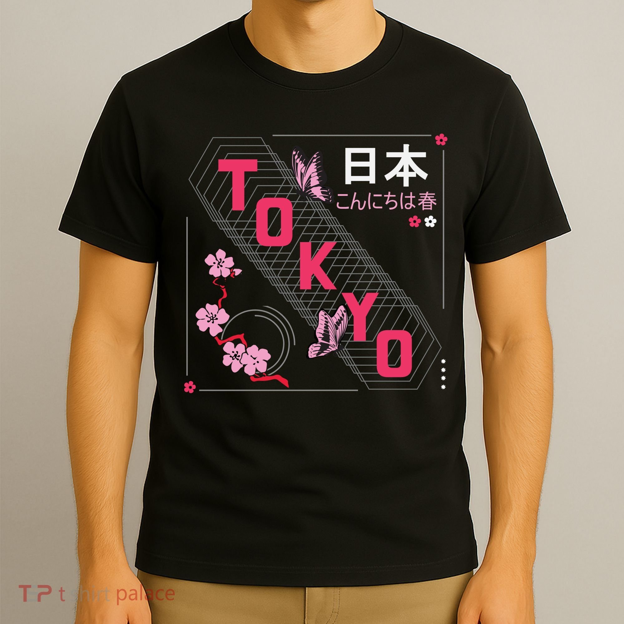 Japan Hello Spring Tokyo Text With Flower And Butterflies T-Shirt