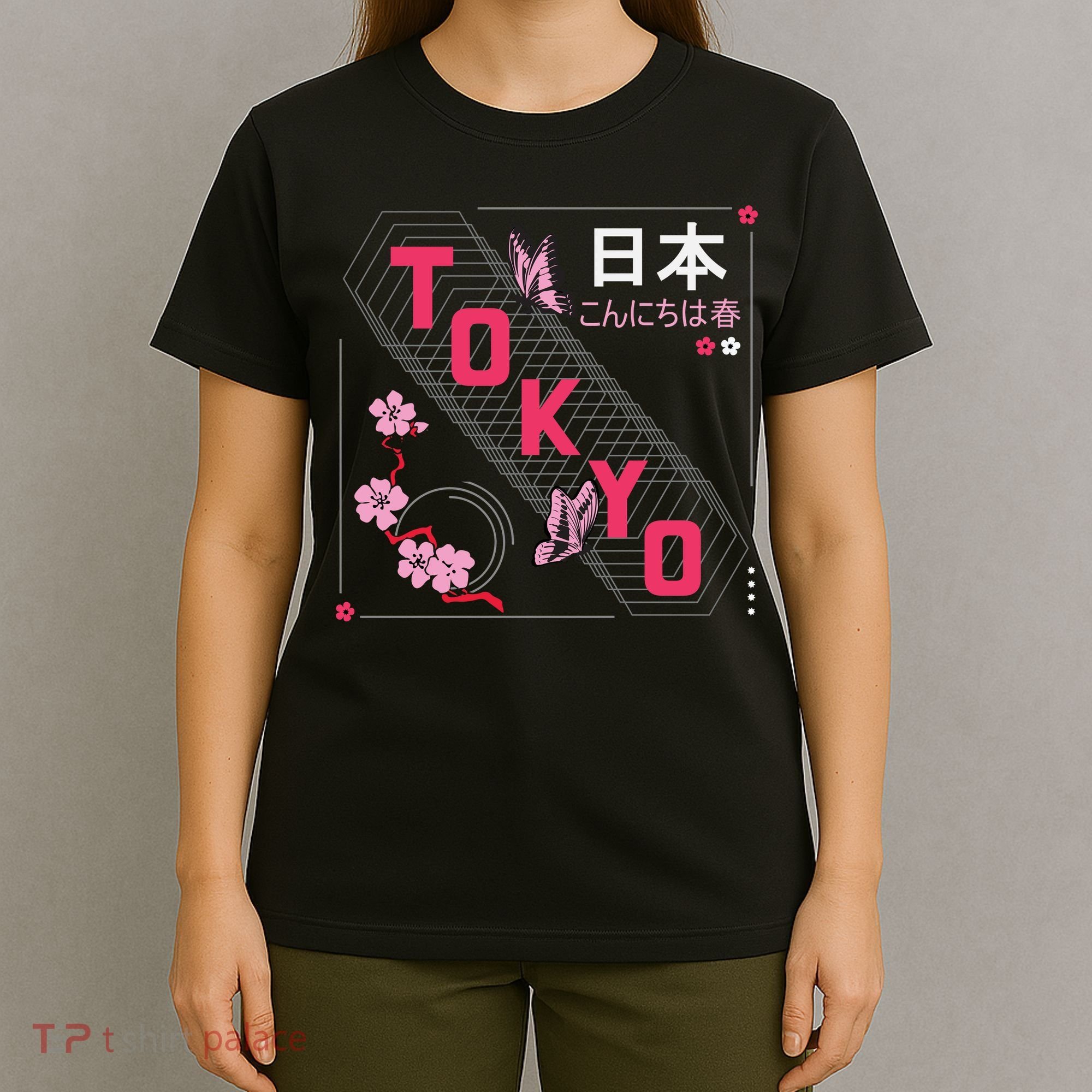 Japan Hello Spring Tokyo Text With Flower And Butterflies T-Shirt