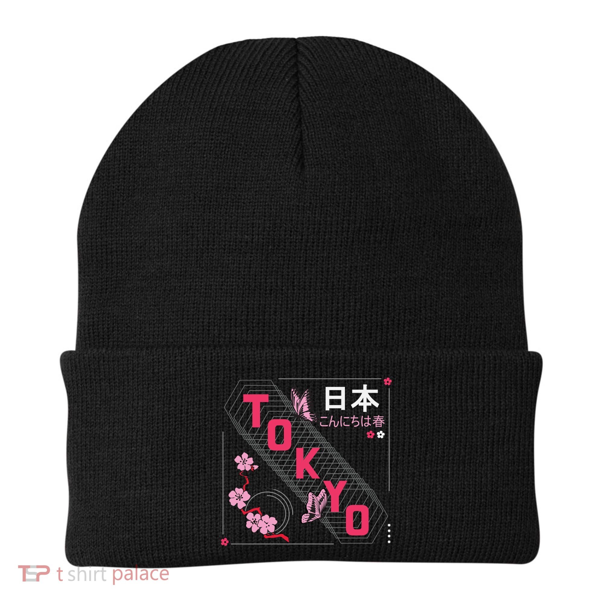 Japan Hello Spring Tokyo Text With Flower And Butterflies Beanie