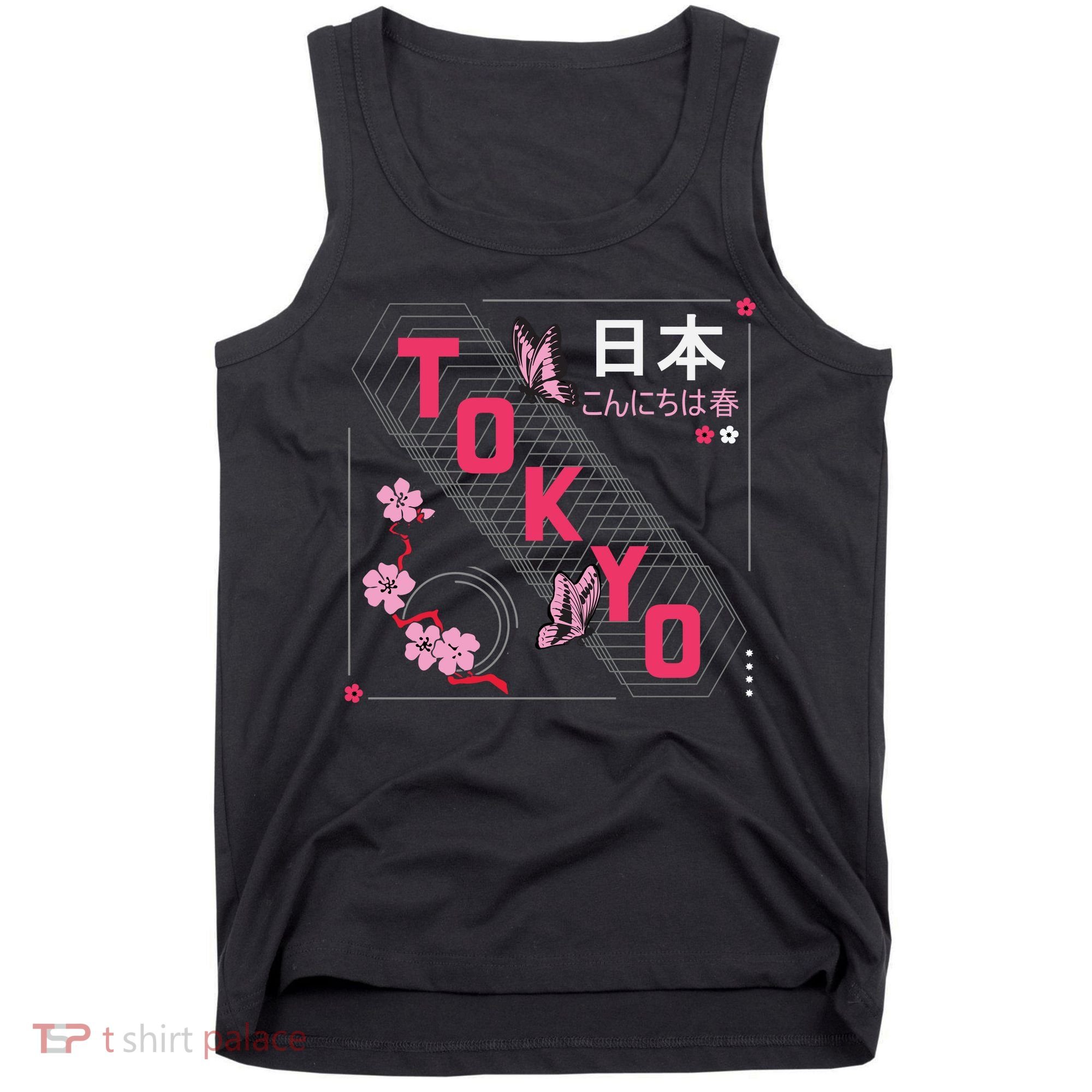 Japan Hello Spring Tokyo Text With Flower And Butterflies Tank Top